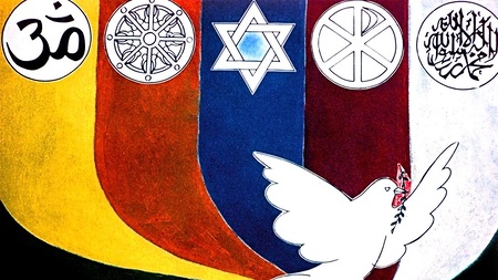 Religionssymbole und Friedenstaube