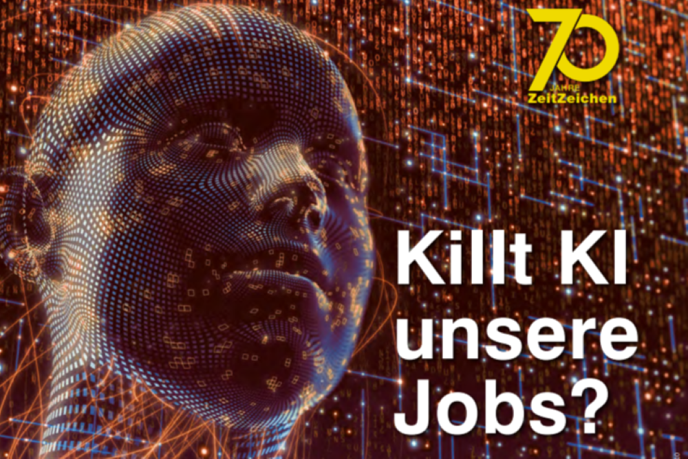 KI-generierter Kopf mit dem Titel der Ausgabe der Zeitschrift Zeitzeichen Killt KI unsere Jobs?