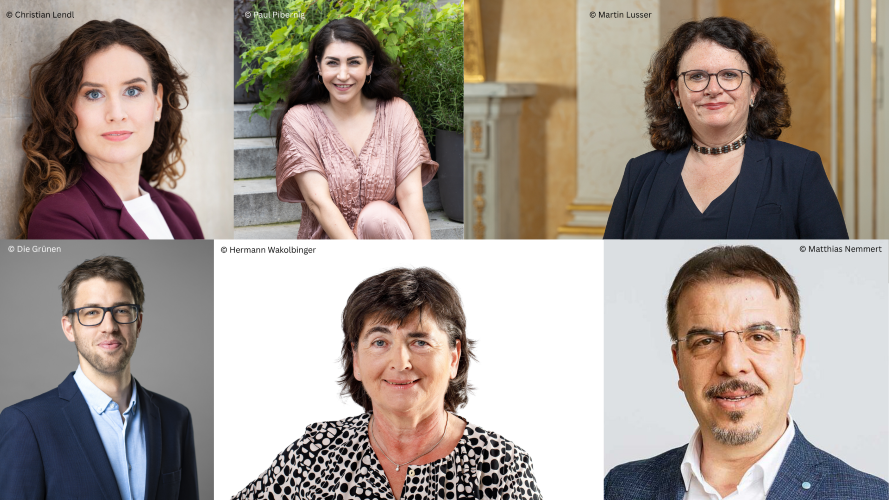 Mitwirkende der Tagung Fokus: Schule / KAVÖ / P.Slouk Porträts der Mitwirkenden der Tagung Fokus: Schule, in zwei Reihen oben von links nach rechts Judith Kohlenberger, Ikay Idiskut, Doris Wagner, unten von links nach rechts Felix Stadler, Andrea Berger-Gruber und Zekirija Sejdini