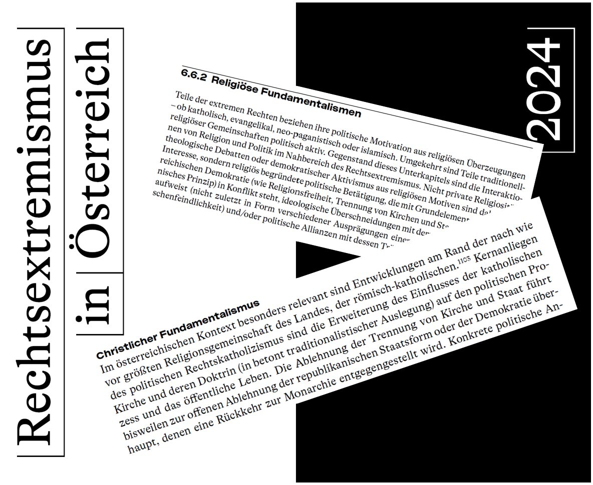 Das Bild zeigt das Titelblatt des Rechtsextremismusberichts 2024 des Dokumentationsarchivs des Österreichischen Widerstands mit zwei Textausschnitten